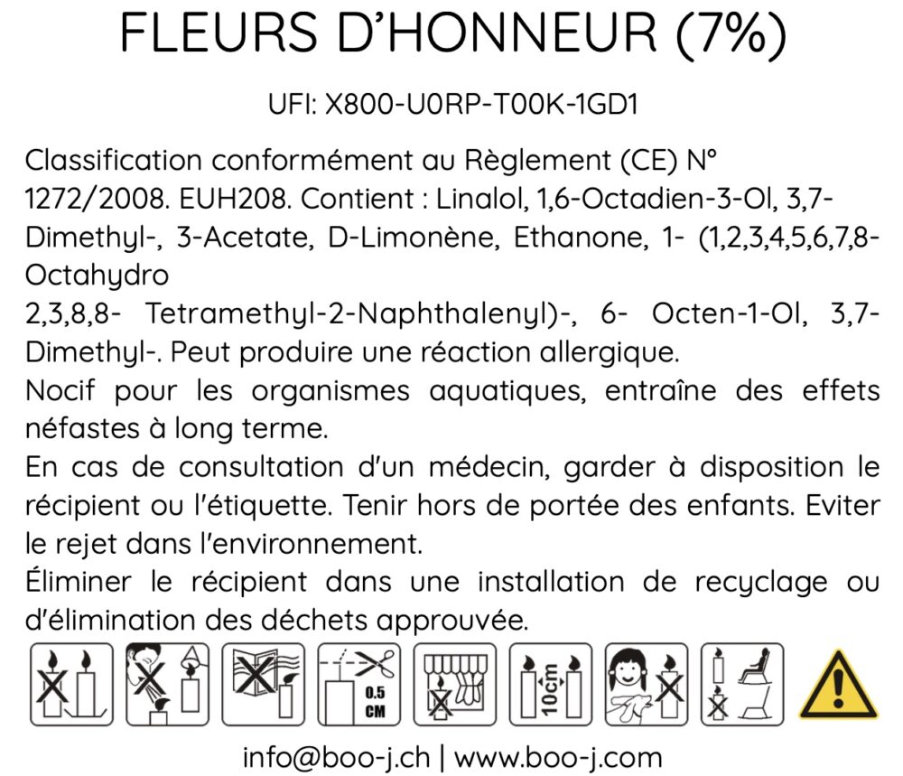 Étiquette de sécurité bougie parfumée FLEURS D’HONNEUR – allergènes, UFI, pictogrammes