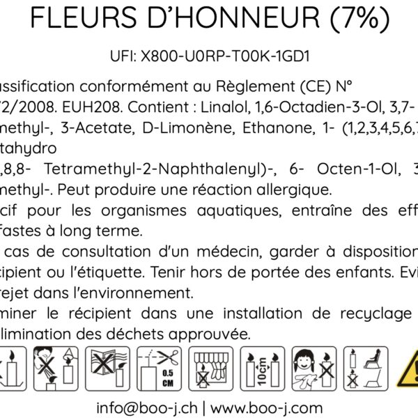 Étiquette de sécurité bougie parfumée FLEURS D’HONNEUR – allergènes, UFI, pictogrammes
