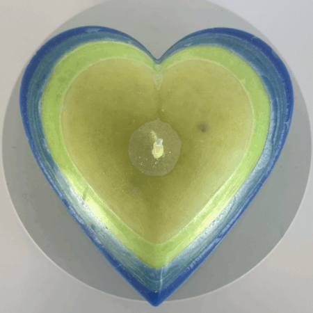 Bougie cœur Bleu citron – 5 × 10,5 cm Bougie cœur en cire végétale jaune, verte et bleue – collection Bleu citron