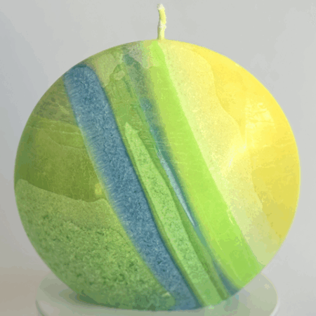 Bougie disque grand modèle Bleu citron – Ø 14 cm Bougie cœur en cire végétale jaune, verte et bleue – collection Bleu citron