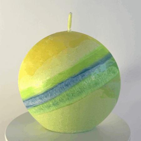 Bougie disque petit modèle Bleu citron – Ø 10 cm Bougie ronde plate jaune, verte et bleue – collection Bleu citron