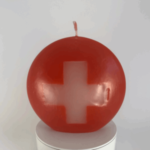 Bougie disque rouge avec croix suisse – grand format 14 cm
