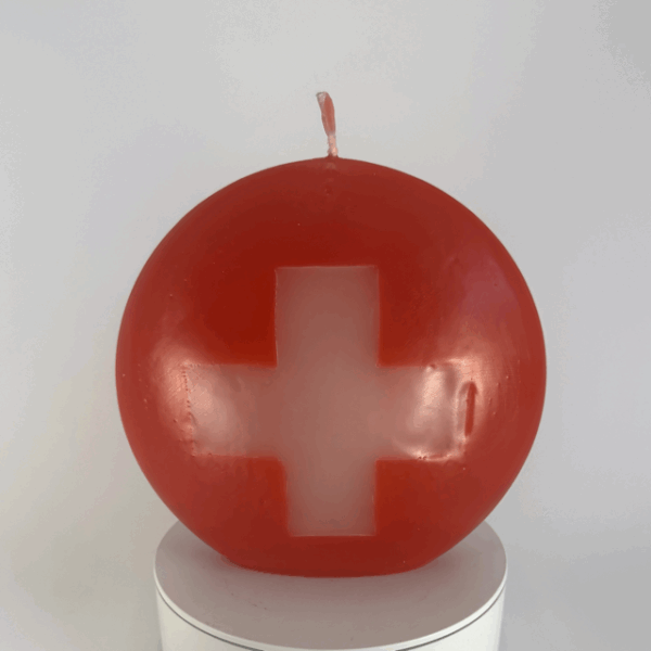 Bougie disque rouge avec croix suisse – grand format 14 cm