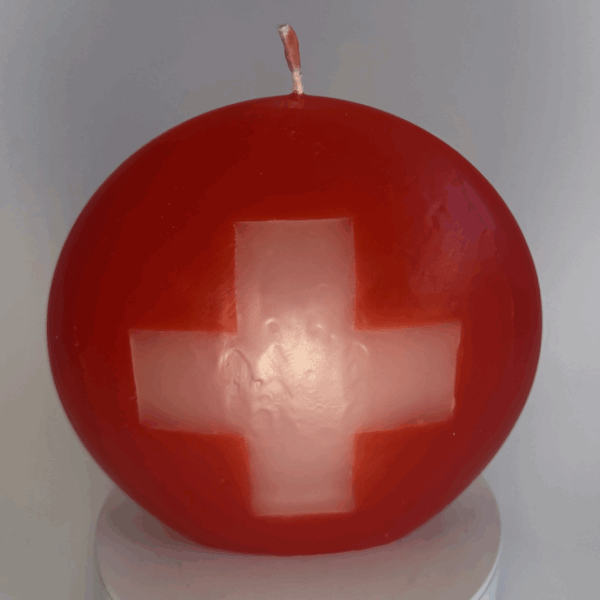 Bougie disque rouge avec croix suisse – grand format 14 cm