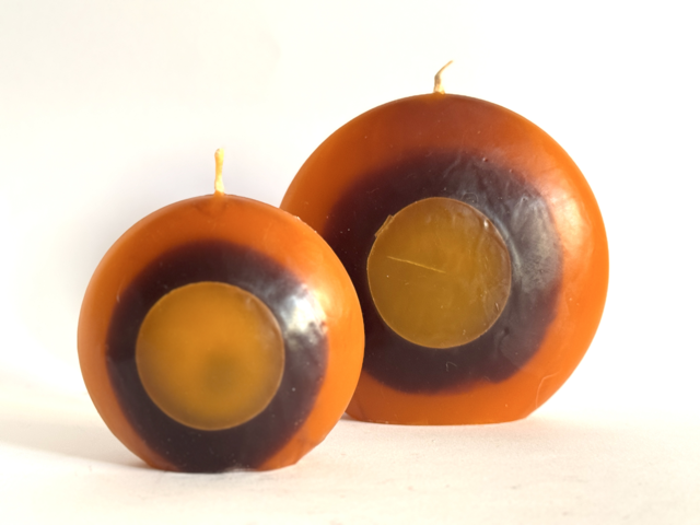 DUO bougies disques 10 et 14cm en cire minérale — orange, jaune et ocre