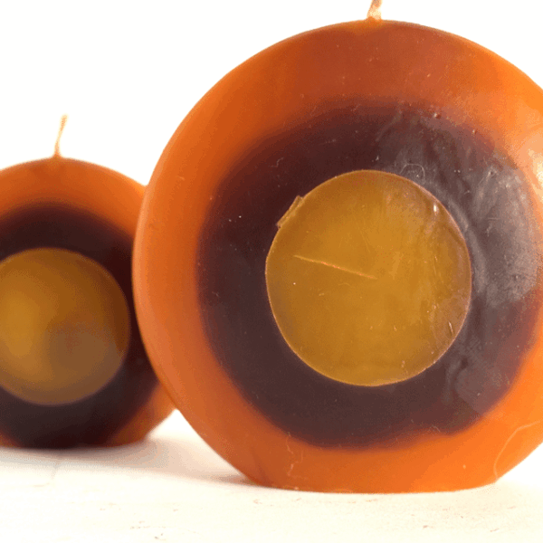 DUO bougies disques 10 et 14cm en cire minérale — orange, jaune et ocre