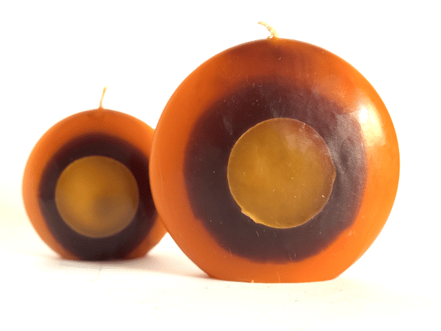 DUO bougies disques 10 et 14cm en cire minérale — orange, jaune et ocre