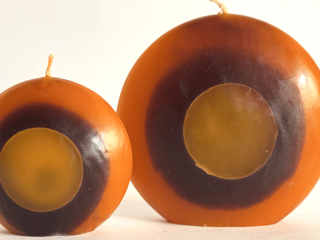 DUO bougies disques 10 et 14cm en cire minérale — orange, jaune et ocre