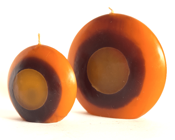 DUO bougies disques 10 et 14cm en cire minérale — orange, jaune et ocre