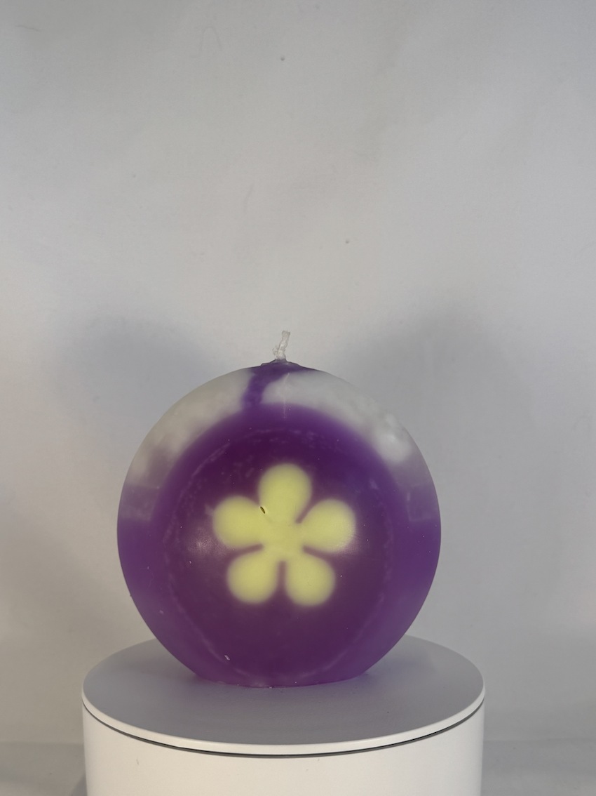 Bougie disque 10 cm en cire minérale violet-vert-blanc