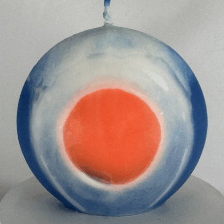bougie disque œil orange et bleu en cire minérale — collection JOY