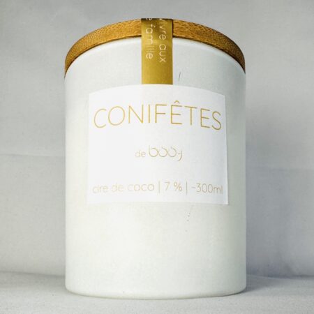 Bougie parfumée CONIFÊTES en pot blanc mat de 300 ml, cire végétale blanche