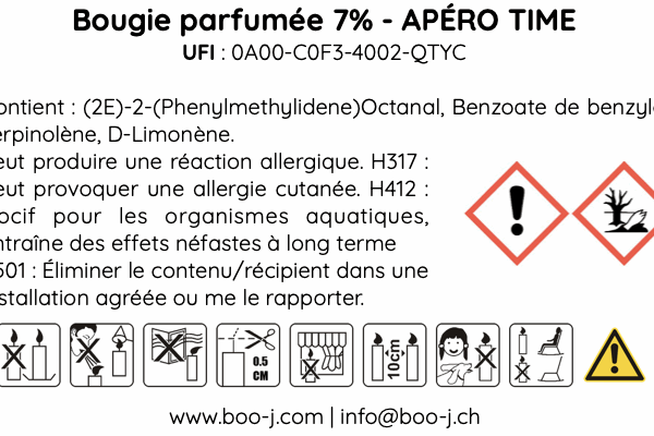 Étiquette de sécurité bougie parfumée APÉRO TIME – informations allergènes, UFI et pictogrammes