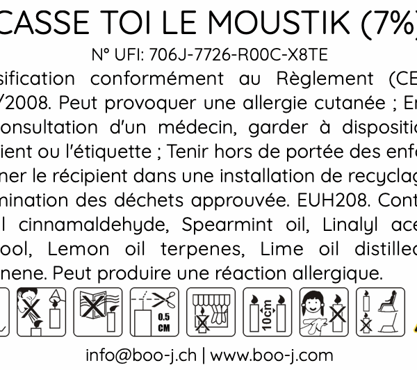 Étiquette sécurité – CASSE TOI LE MOUSTIK Étiquette de sécurité bougie parfumée CASSE TOI LE MOUSTIK – formulation et pictogrammes
