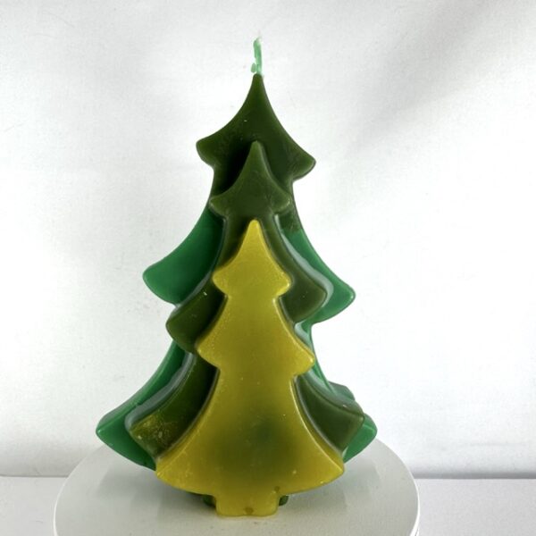 Bougie sapin moulée en paraffine, jaune vif et deux tons de vert