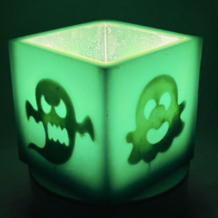 Photophore phosphorescent vert avec silhouettes de fantômes, création artisanale boo-j