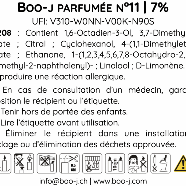 Étiquette CLP sécurité bougie parfumée boo-j N°11, infusion fruitée, 7 % parfum