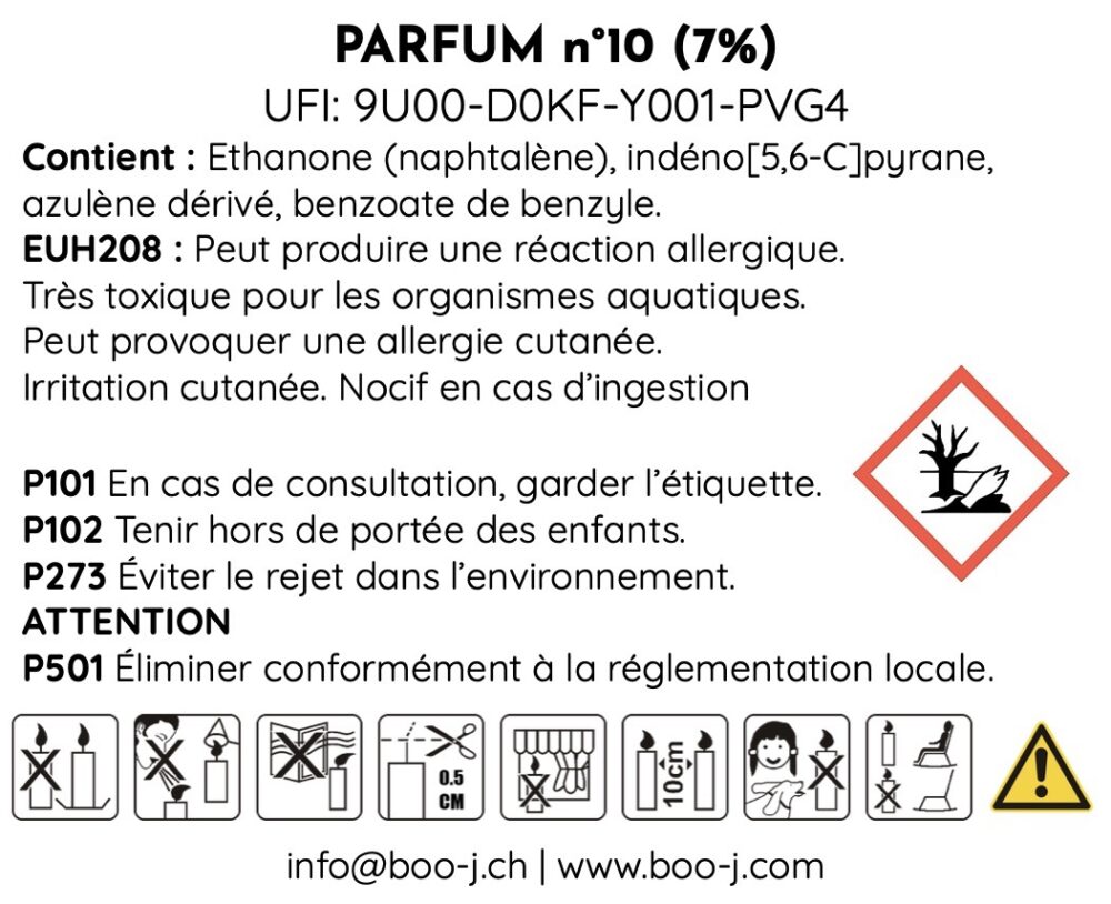 CLP complète du parfum n°10 Safran Cèdre, pictogrammes de danger et mentions réglementaires.