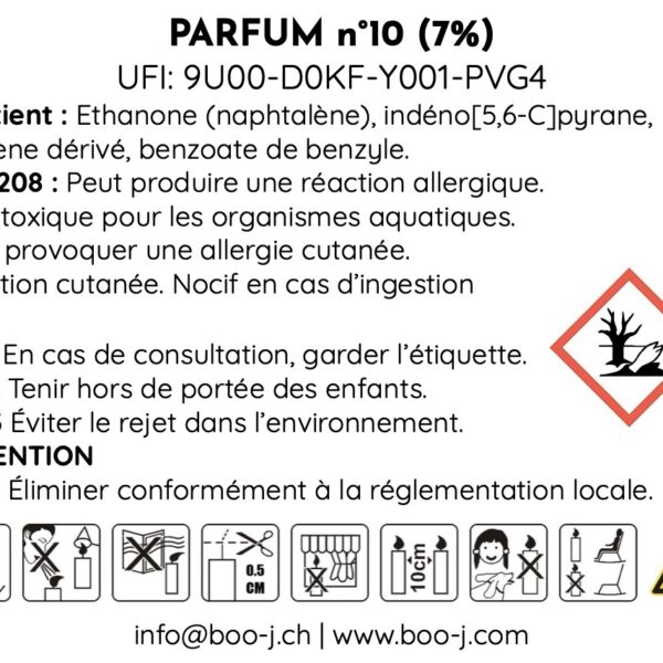 CLP complète du parfum n°10 Safran Cèdre, pictogrammes de danger et mentions réglementaires.