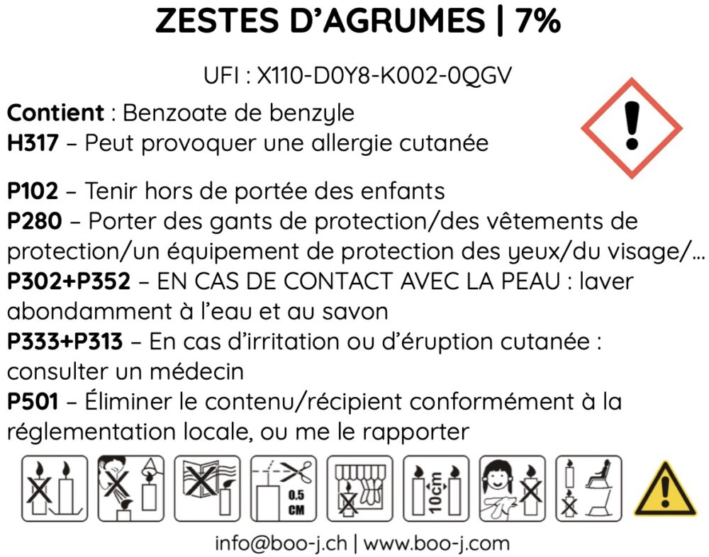 Étiquette de sécurité CLP pour la bougie parfumée Zestes d’Agrumes 7% de boo-j, avec mentions obligatoires et pictogrammes.