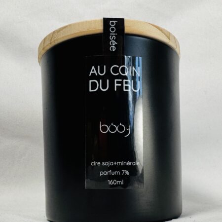 Bougie Au coin du feu 160 ml – pot noir avec couvercle bois, fabriquée en Suisse