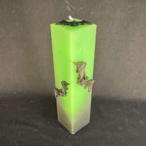 Bougie pilier 5 × 20 cm Halloween verte — chauves-souris en cire d’abeille noire | boo-j édition spectrale Bougie pilier Halloween verte en cire minérale et végétale, décorée de chauves-souris en cire d’abeille noire — création artisanale suisse boo-j, édition spectrale
