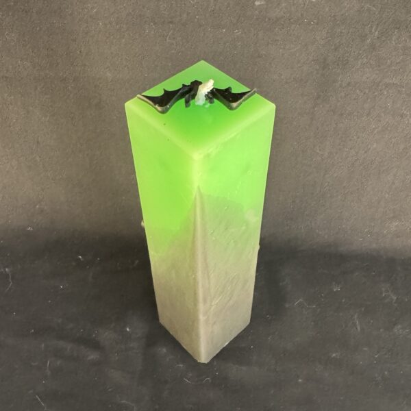 Bougie pilier 5 × 20 cm Halloween verte — chauves-souris en cire d’abeille noire | boo-j édition spectrale Bougie pilier Halloween verte en cire minérale et végétale, décorée de chauves-souris en cire d’abeille noire — création artisanale suisse boo-j, édition spectrale