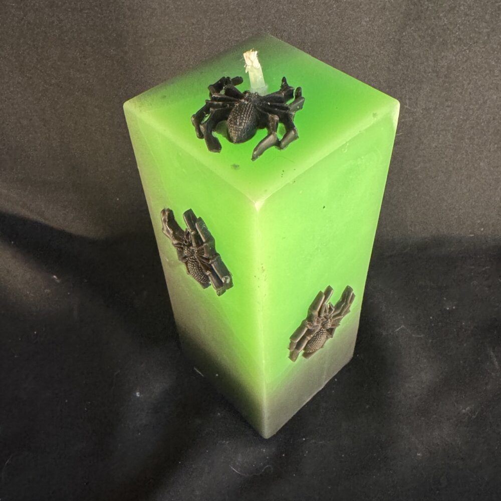 Bougie pilier Halloween verte en cire minérale et végétale, décorée d’araignées en cire d’abeille noire — création artisanale suisse boo-j, édition spectrale Vidéo d’une bougie pilier Halloween verte en cire minérale et végétale, décorée d’araignées en cire d’abeille noire — création artisanale suisse boo-j, édition spectrale