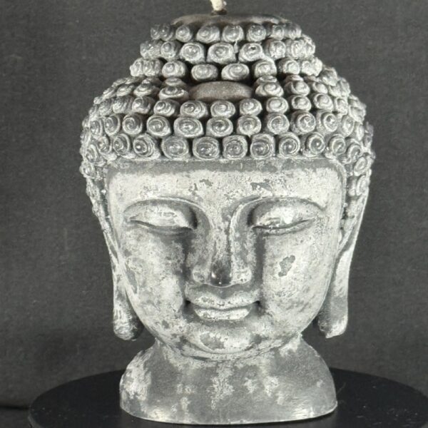 Bougie visage Bouddha — collection Pierre de Volcan, cire stéarine végétale noire et grise, effet pierre naturelle. Environ 450 g, combustion ± 60 h.