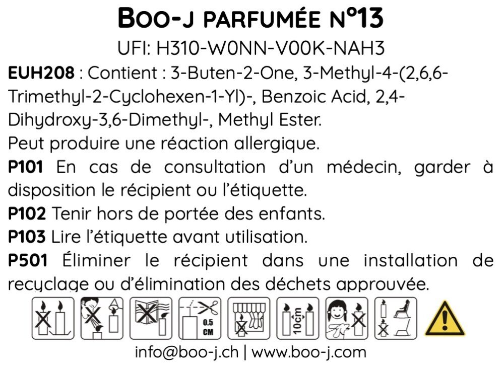 Étiquette CLP du parfum n°13, bougie parfumée Au coin du Feu de boo-j, avec mentions de sécurité, pictogrammes et numéro UFI.