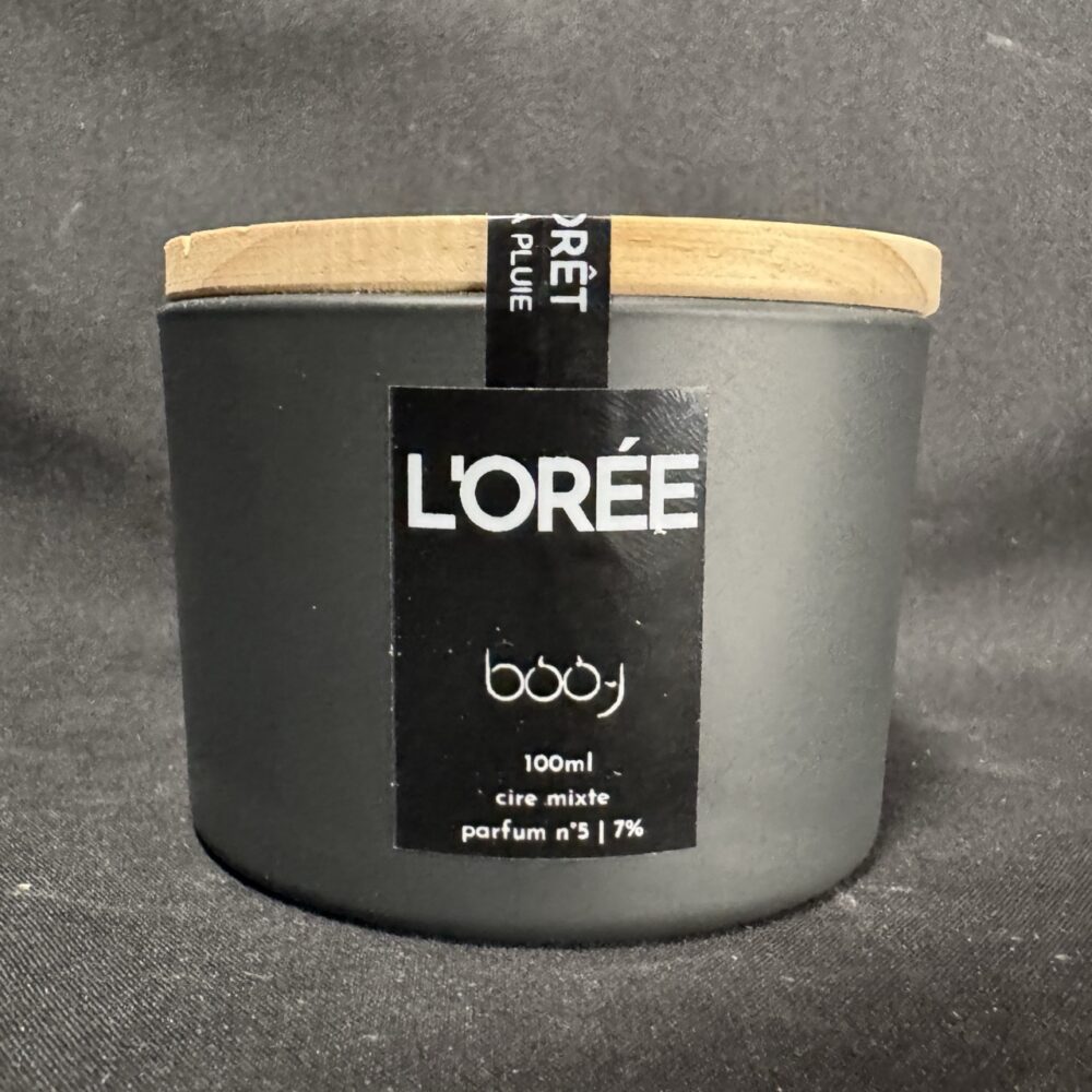 bougie parfumée L’Orée boo-j en pot anthracite 100 ml avec couvercle bois, création artisanale suisse