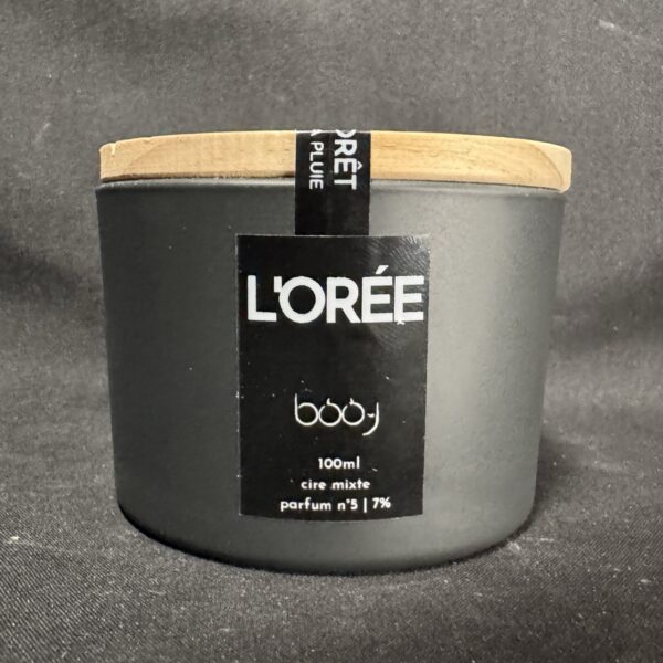 bougie parfumée L’Orée boo-j en pot anthracite 100 ml avec couvercle bois, création artisanale suisse