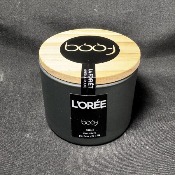 bougie parfumée L’Orée boo-j en pot anthracite 100 ml avec couvercle bois, création artisanale suisse