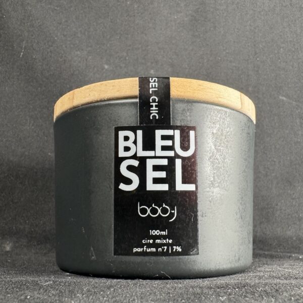 bougie parfumée Bleu Sel boo-j en pot anthracite 100 ml avec couvercle bois, création artisanale suisse