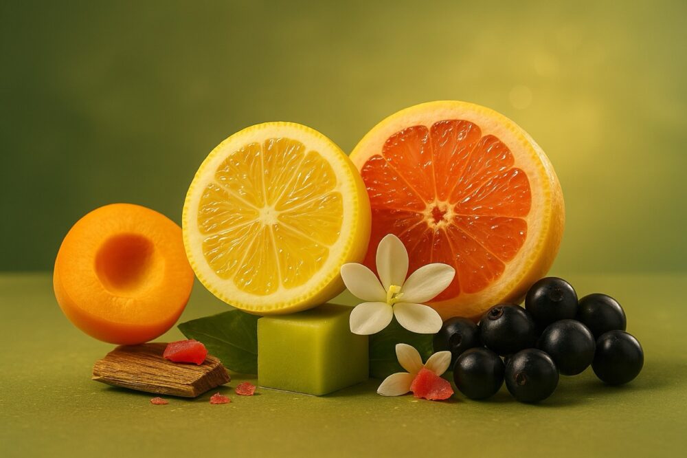 Composition visuelle du parfum N°12 Zestes d’Agrumes avec citron, pamplemousse, abricot, mangue verte, jasmin, cassis et notes gourmandes, style studio premium boo-j.