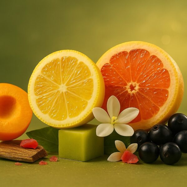 Composition visuelle du parfum N°12 Zestes d’Agrumes avec citron, pamplemousse, abricot, mangue verte, jasmin, cassis et notes gourmandes, style studio premium boo-j.