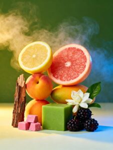 Composition visuelle du parfum N°12 Zestes d’Agrumes avec citron, pamplemousse, abricot, mangue verte, jasmin, cassis et notes gourmandes, style studio premium boo-j.