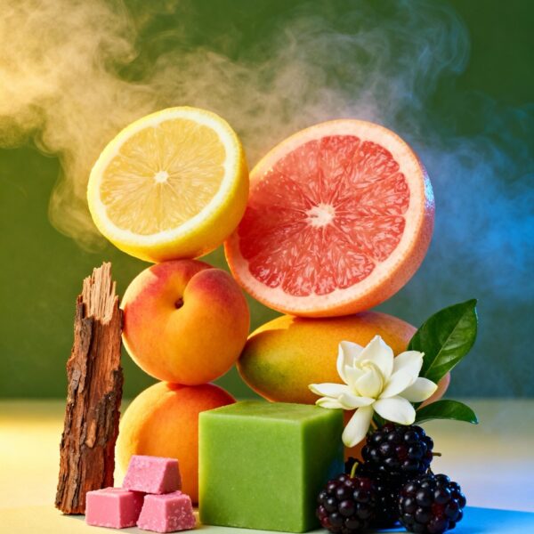 Composition visuelle du parfum N°12 Zestes d’Agrumes avec citron, pamplemousse, abricot, mangue verte, jasmin, cassis et notes gourmandes, style studio premium boo-j.