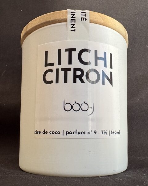 Bougie parfumée “Litchi Citron” 160 ml – création artisanale boo-j, en Suisse, fraîche, fruitée et lumineuse.