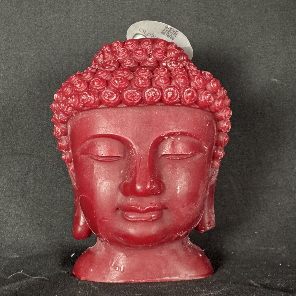 Bougie visage bouddha masculin bordeaux rouge, moulée à la main en Suisse, cire mixte, 450 g