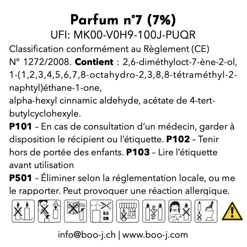 étiquette CLP du parfum n°7 Bleu Sel, mentions de sécurité P101 P102 P103 P501 et liste d’allergènes, UFI MK00-V0H9-100J-PUQR