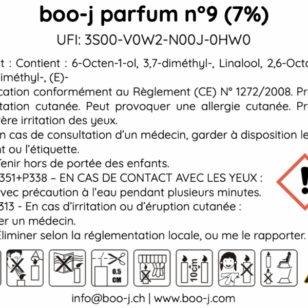 Étiquette CLP du parfum n°9 “Litchi Citron” – informations de sécurité, allergènes et UFI pour les bougies boo-j (Suisse).