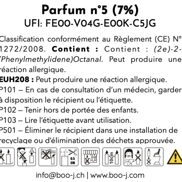 Étiquette CLP du parfum n°5 — L’Orée — avec mentions réglementaires, UFI FE00-V04G-E00K-C5JG et pictogrammes de sécurité pour bougies