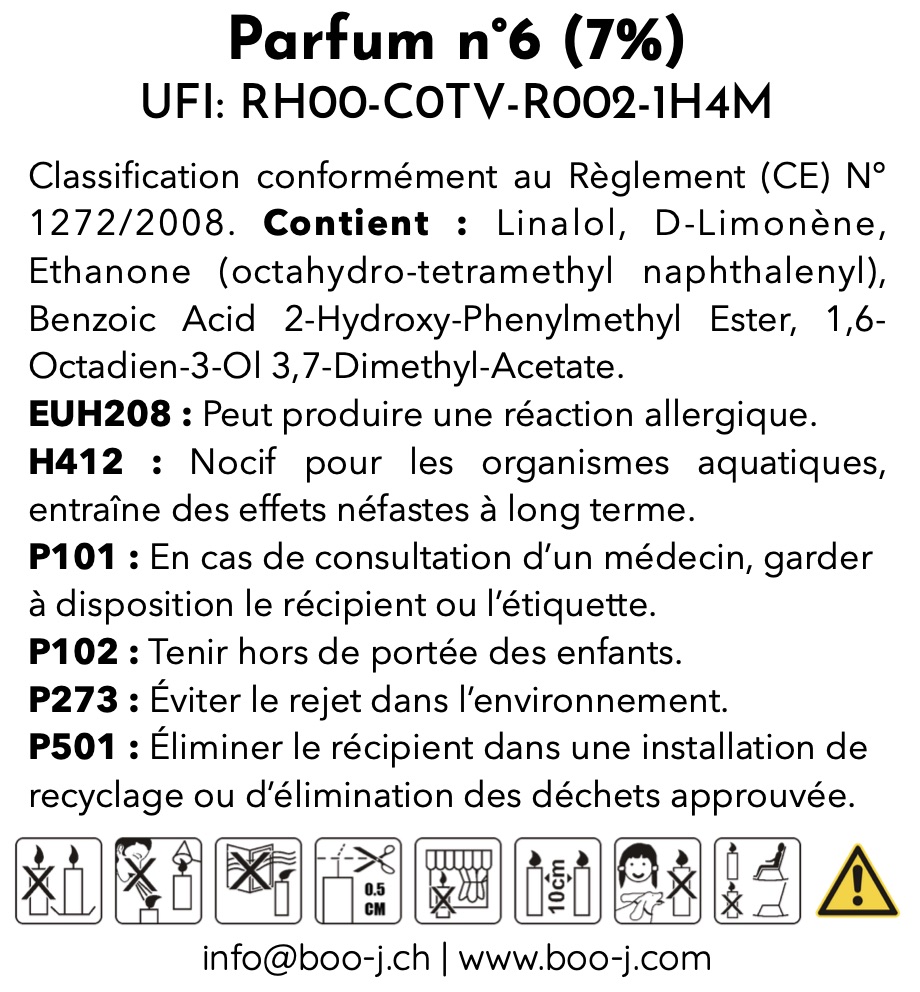 Étiquette CLP du parfum n°6 Vert Océan — informations de sécurité, UFI, pictogrammes et mentions réglementaires.