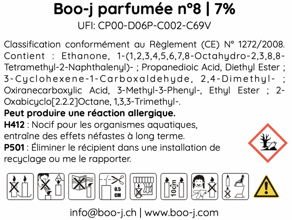 Étiquette CLP du parfum n°8 pour bougies parfumées boo-j.