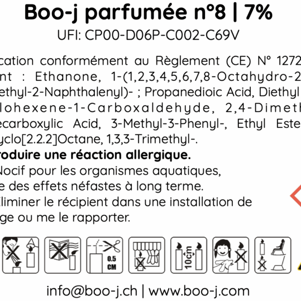 Étiquette CLP du parfum n°8 pour bougies parfumées boo-j.