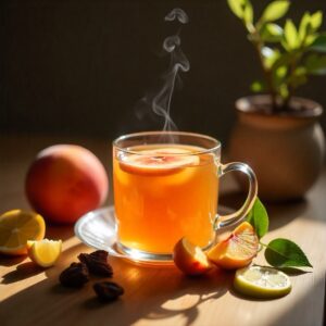 Visuel parfum n°11 Infusion fruitée — composition chaude thé aux fruits, agrumes et douceur gourmande. Image d’ambiance pour les bougies parfumées boo-j, création en Suisse.