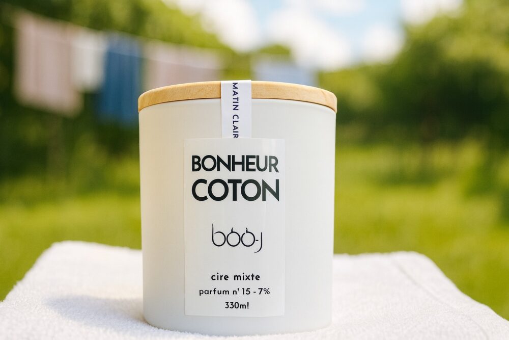 Ingrédients et ambiance fraîche associés au parfum n°15 « Bonheur Coton », inspirés du linge propre, des fleurs blanches et d’une lumière douce d’été.