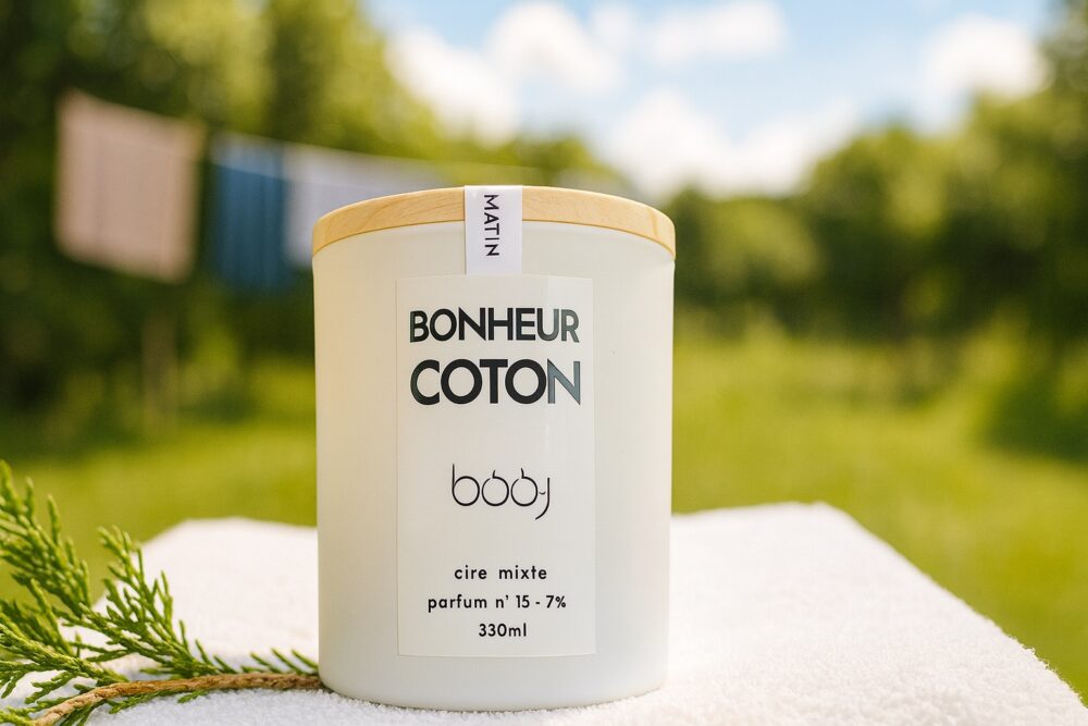 Ingrédients et ambiance fraîche associés au parfum n°15 « Bonheur Coton », inspirés du linge propre, des fleurs blanches et d’une lumière douce d’été.