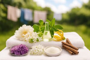 Ingrédients et ambiance fraîche associés au parfum n°15 « Bonheur Coton », inspirés du linge propre, des fleurs blanches et d’une lumière douce d’été.